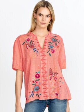Johnny Was Embroidered Olinda Puff Sleeve Boho Blouse Floral Vine Art Top ✨